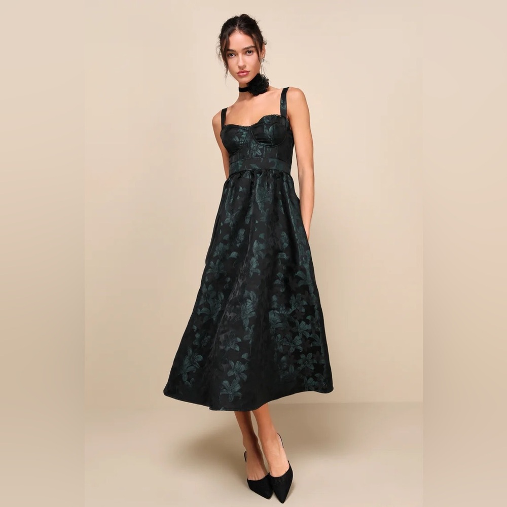 LULUS Dramatically Romantic Black Floral Jacquard Bustier Midi Dress ❤️NWT❤️